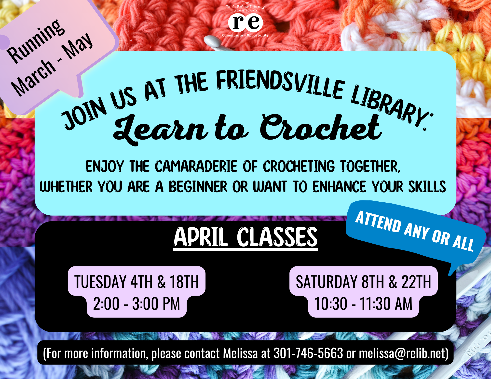 Flyer displaying crochet materials and information regarding a crochet class