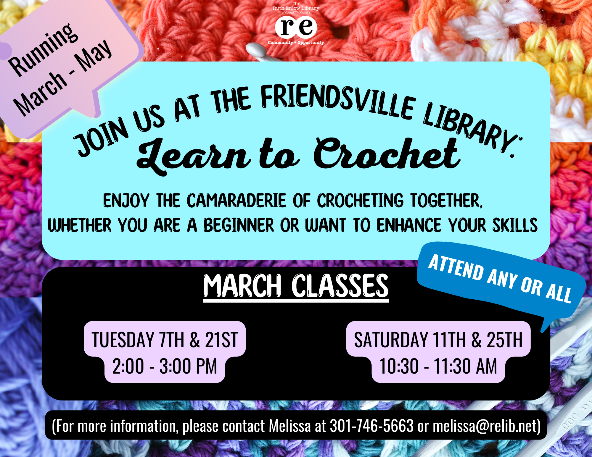 Flyer displaying crochet materials and infomation about crocheting classes