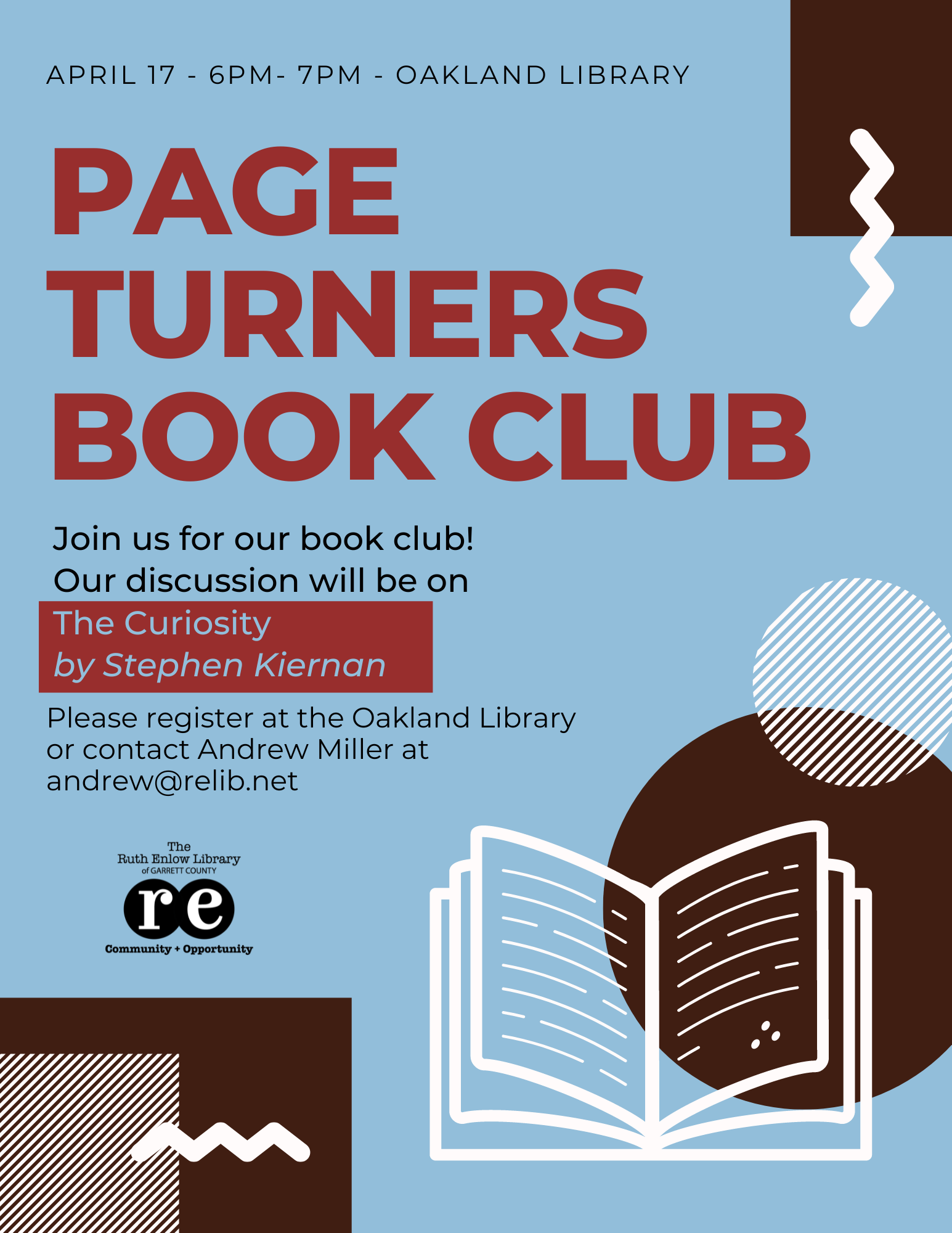 Page Turners Book Club April Flyer- The Curiosity by Stephen Kiernan