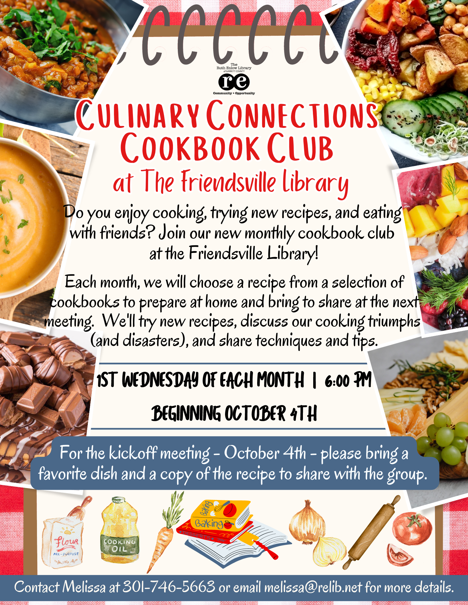 Flyer with food images and details about Cookbook Club at the Friendsville Library