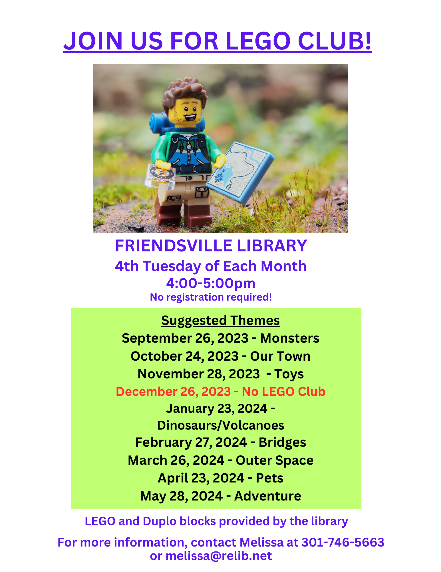 Flyer with information about LEGO Club at the Friendsville Library