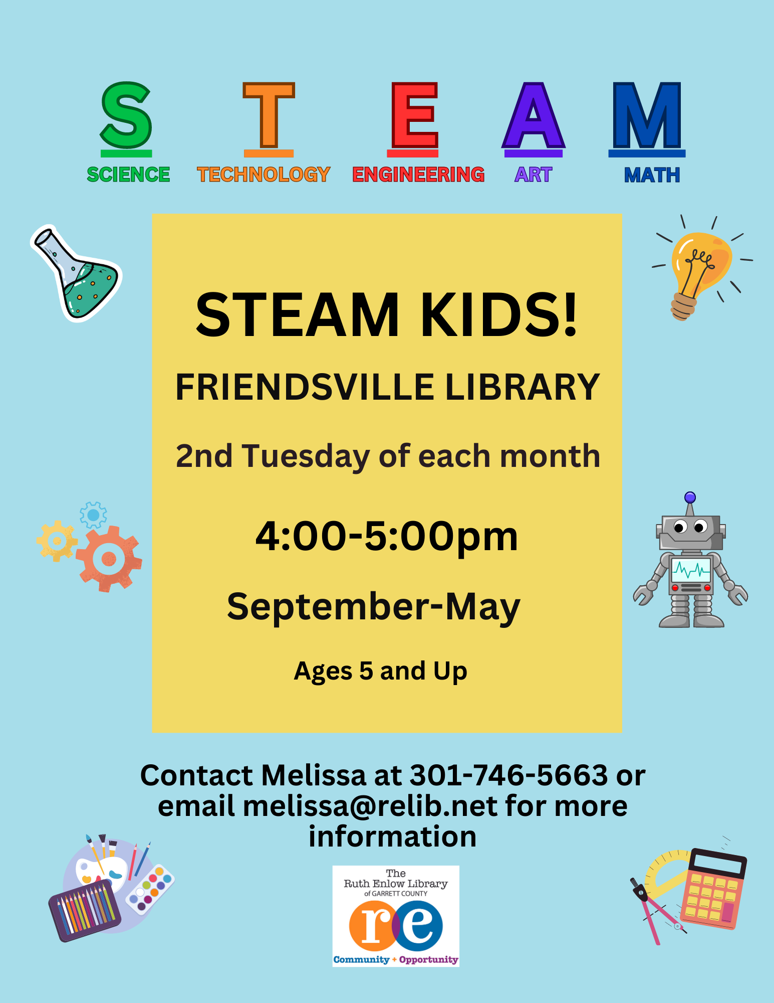 Detailed flyer about STEAM Kids program at the Friendsville Library