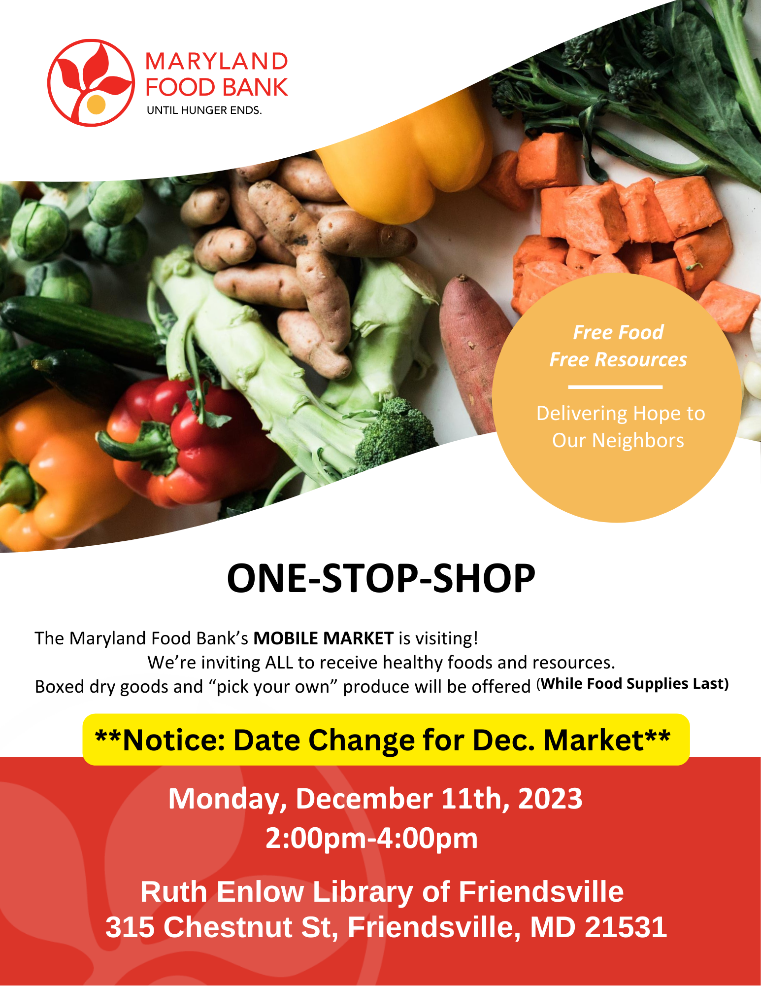 Flyer picturing vegetables and Mobile Market event details