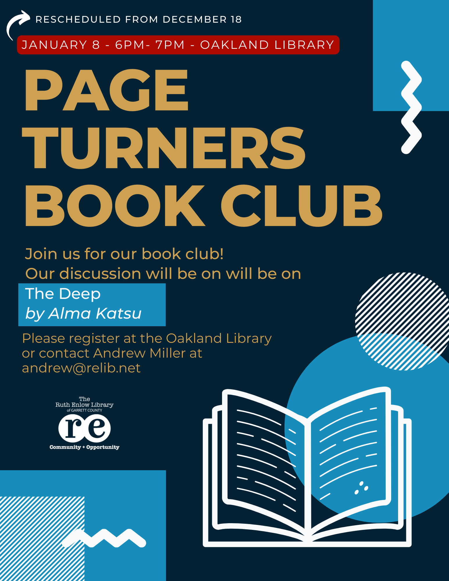 shapes, open book; flyer advertising pager turners book club January 8 meeting rescheduled from December 18
