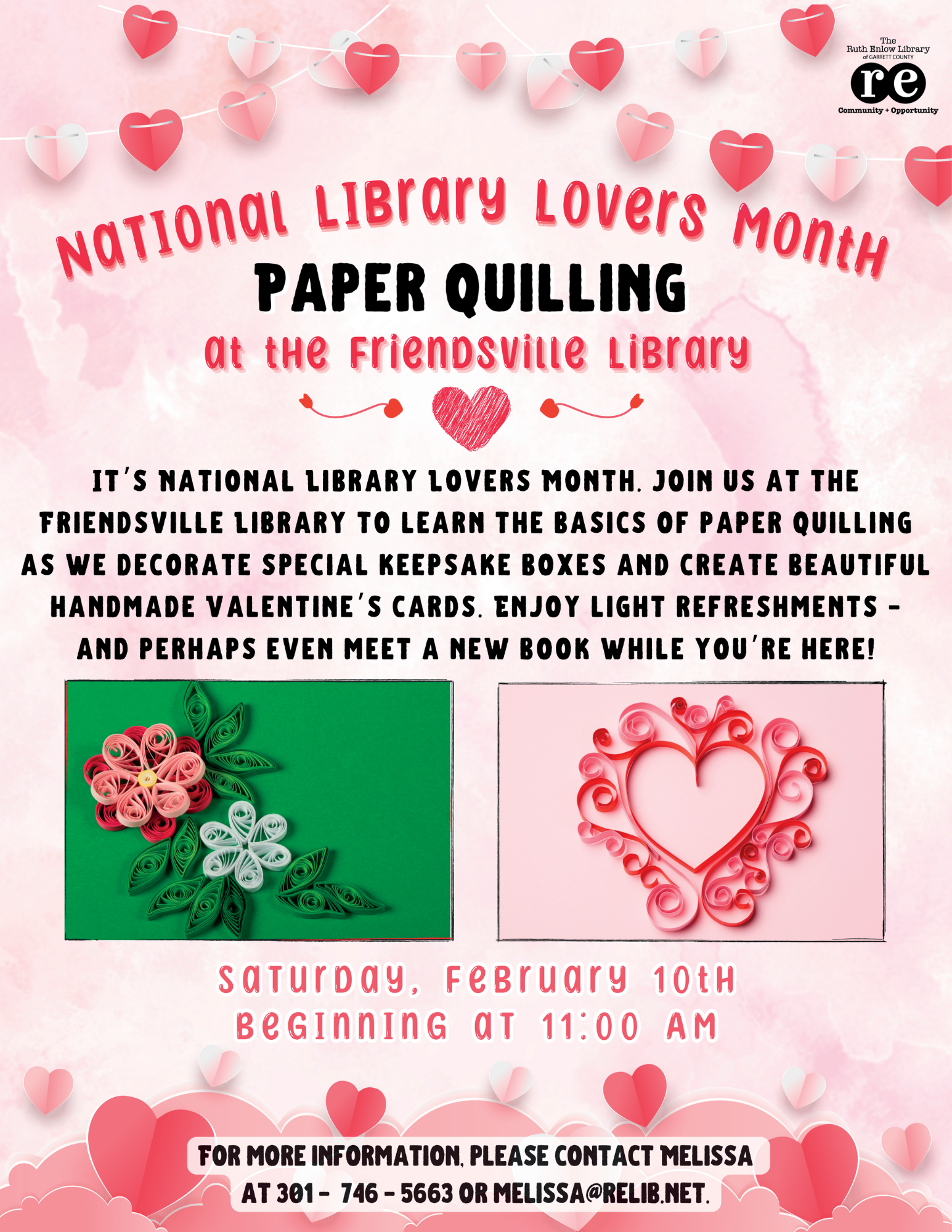 Flyer featuring paper quilled flowers and hearts along with details about a paper quilling event.