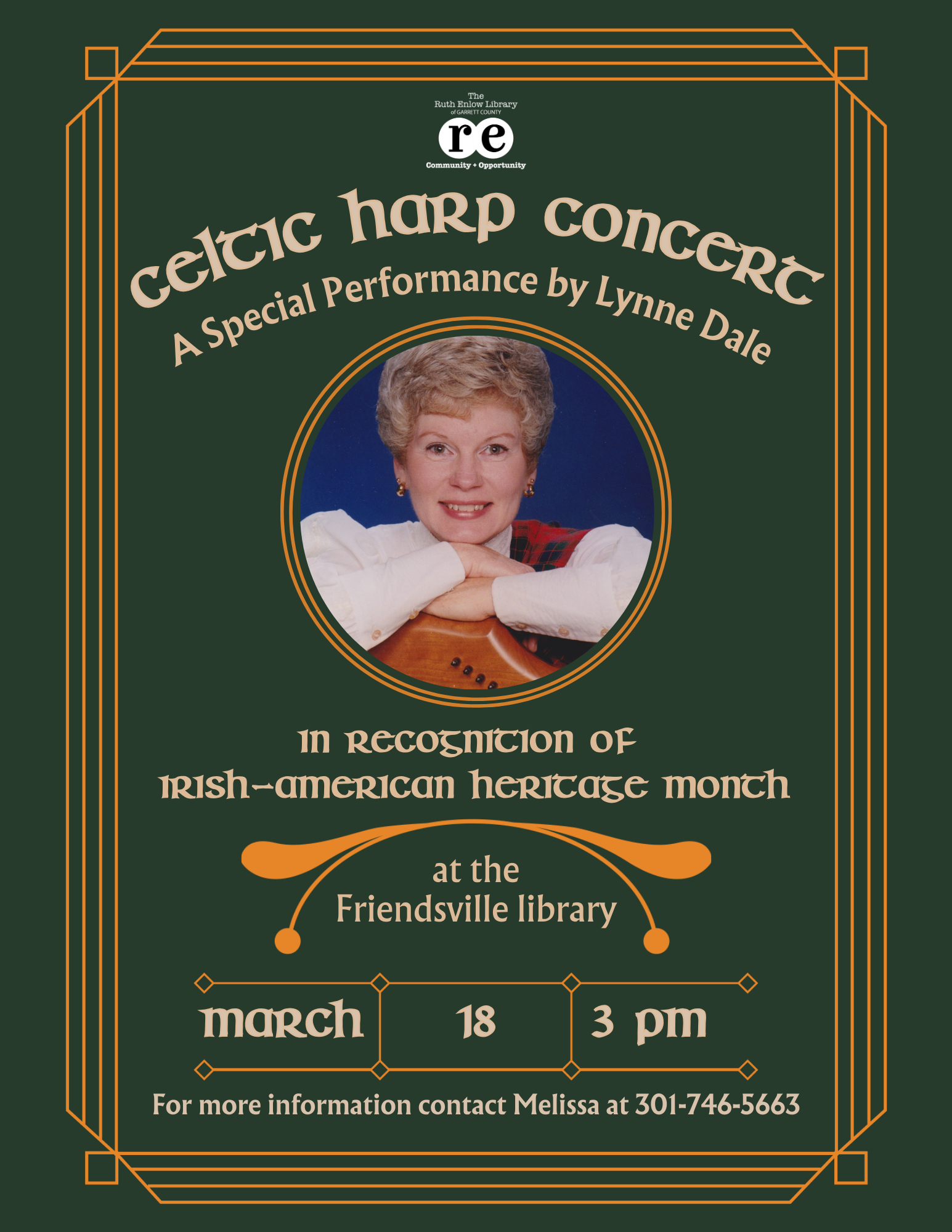 Image of celtic harp performer Lynne Dale with additional performance information for an upcoming concert.