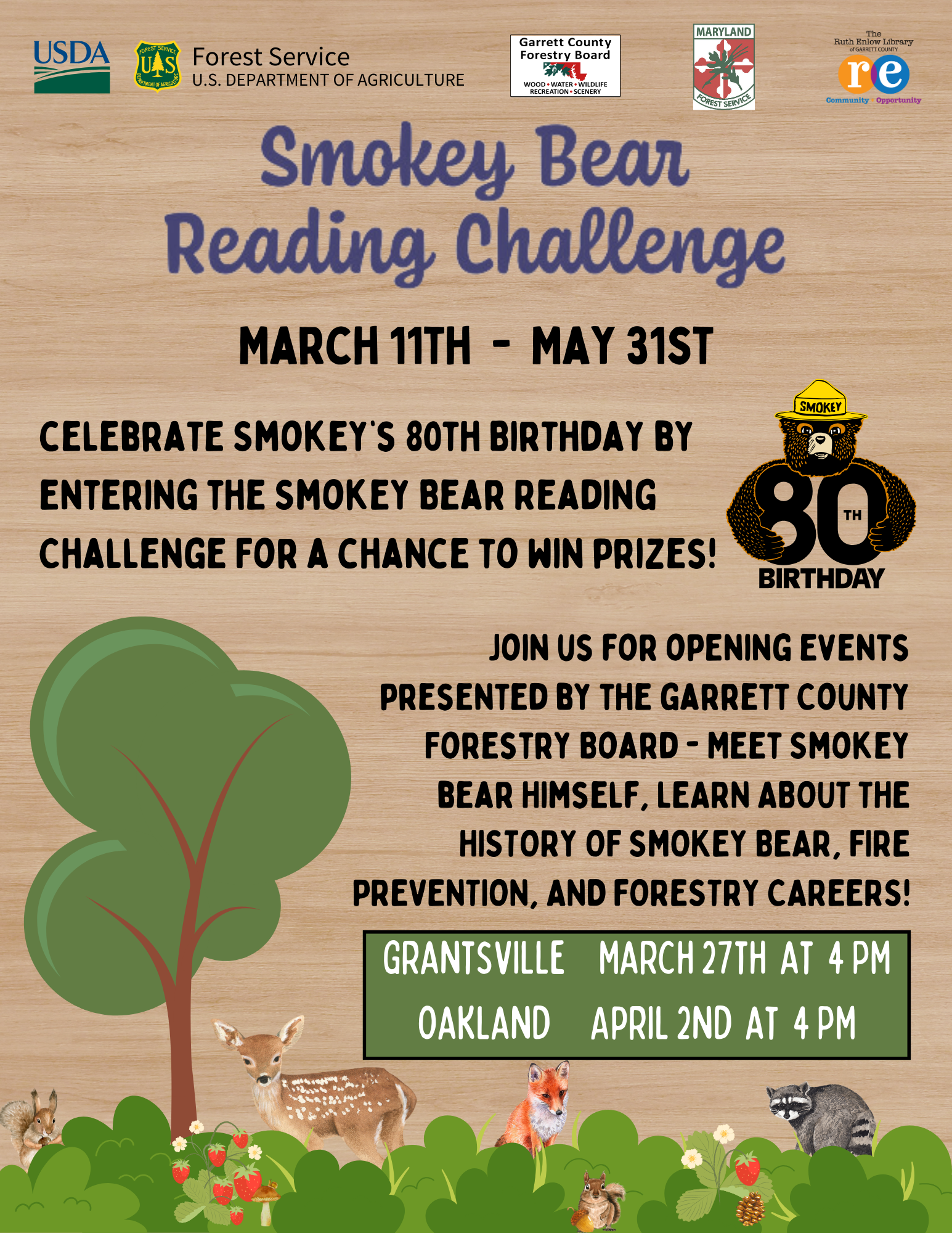 usda, forest service, REL, Garrett Forestry Board, MD Forest Service logos; Smokey Bear 80th birthday logo; fawn; greenery; fox; pinecone; acorn; fox; squirrel; chipmunk; raccoon