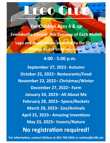 Lego Club flyer listing monthly meeting dates and themes