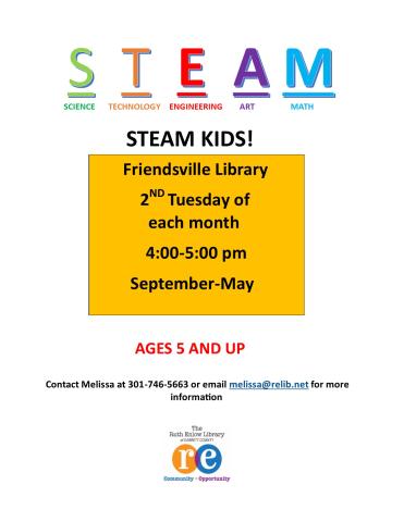 Flyer with details about STEAM Kids programs at the Friendsville Library