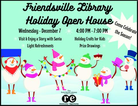 Holiday Open House flyer featuring festive snowmen images and highlighting date,time, and special activities.