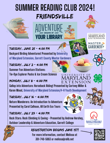 Flyer with details of upcoming Summer Reading Club programs at the Friendsville Library.