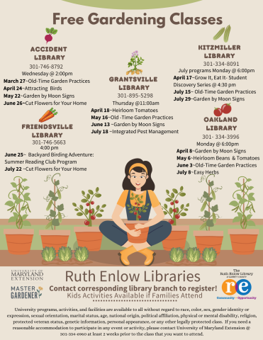 Flyer with details about free gardening classes at Ruth Enlow Library locations.