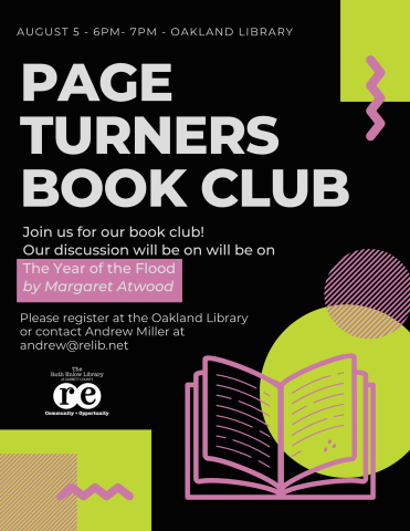 shapes, open book, Page Turners Book Club July 2024 flyer