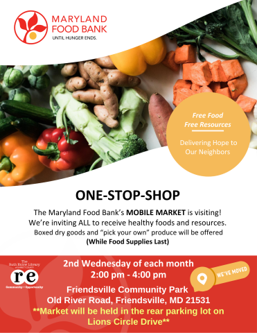 Flyer with photos of vegetables and details about MD Food Bank's Mobile Market event.