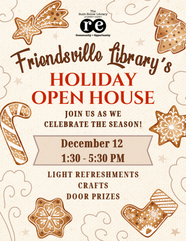 Gingerbread themed flyer with details of Friendsville Library's Holiday Open House