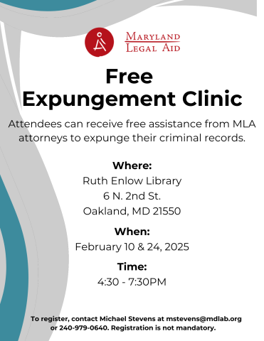 MD legal aid logo, flyer advertising Maryland Legal Aid's Free Expungement Clinic