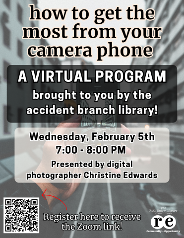 REL logo, QR code, photo of person taking a picture with their camera phone, flyer for Virtual Camera Phone event