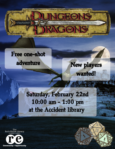 mountainous landscape, dragon, D20 dice, D&D logo, REL logo, D&D session advertisement