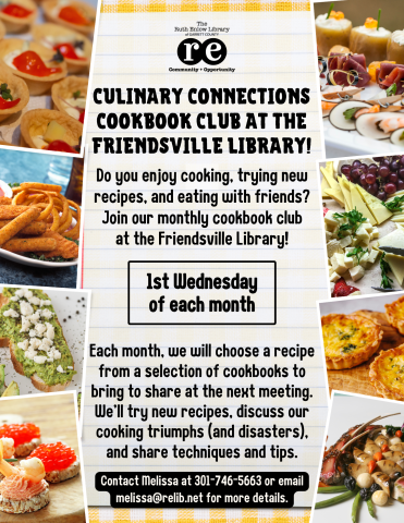 Flyer with food images and details about Cookbook Club at the Friendsville Library