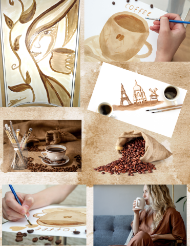 Images of coffee and artwork created with coffee