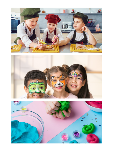 Images of kids cookie decorating, face painting, and colorful clay
