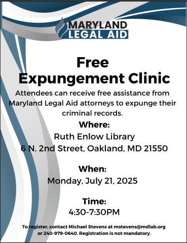 MD legal aid logo, flyer advertising Maryland Legal Aid's Free Expungement Clinic