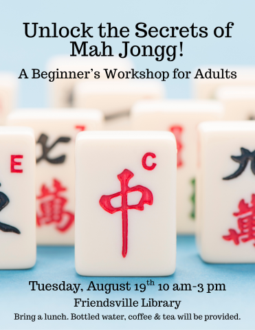 Image of Mah Jongg tiles and details about upcoming workshop.