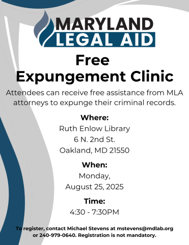MD legal aid logo, flyer advertising Maryland Legal Aid's Free Expungement Clinic