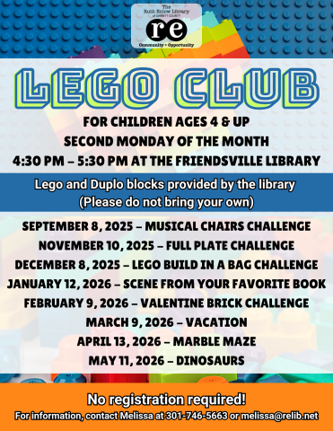 Details of upcoming LEGO Club program themes and challenges.