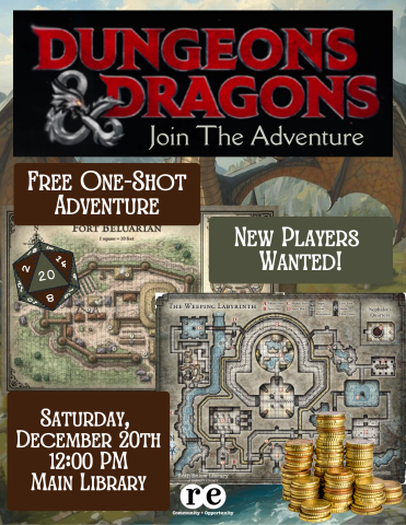 REL logo, Dungeons and Dragons logo, D&D campaign maps, D 20, coins, Dungeons and Dragons flyer