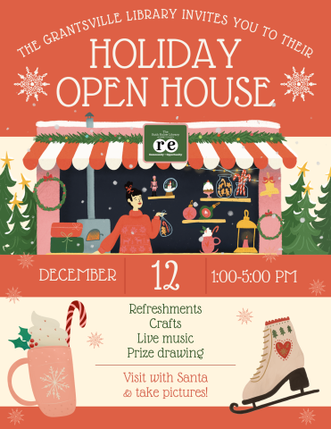 Holiday Outdoor Market cafe, graphic of hot cocoa, graphic of ice skate, pine trees, all on a flyer advertising the Grantsville Library's Holiday Open House