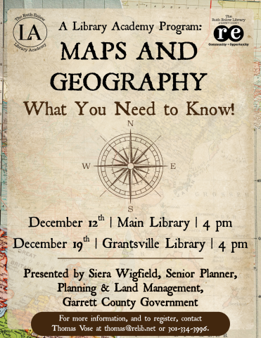 maps, compass, REL logo, Library Academy logo, Maps & Geography What You Need to Know flyer