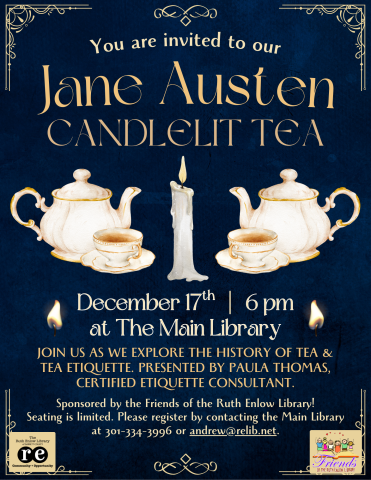 Teapot, teacups, flames, candles, scrollwork border, Jane Austen Candlelit Tea flyer