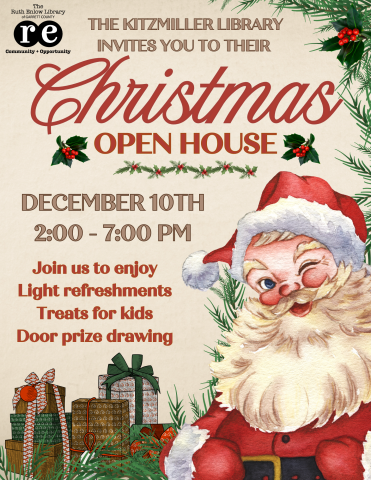 santa, presents, mistletoe, an ad for Kitzmiller Library's Christmas Open House