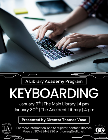 Library Academy logo, Ruth Enlow logo, person typing on computer keyboard, Library Academy Keyboarding flyer