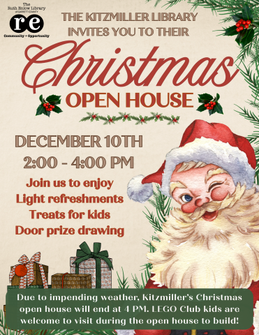santa, presents, mistletoe, an ad for Kitzmiller Library's Christmas Open House