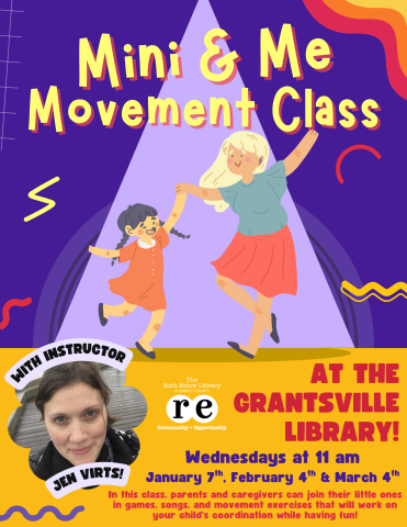 cartoon of dancing parent and child; shapes; REL logo; headshot of Jen Virts; advertisement image for Grantsville's Mini and Me Movement class