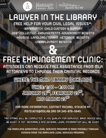 image of flyer advertising lawyer in the library plus free expungement clinic events on january 26th, february 23rd, and march 23rd of 2026