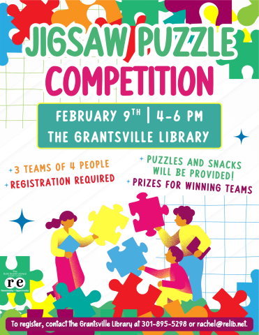 flyer advertising Grantsville Library's Jigsaw Puzzle Competition with decorative images