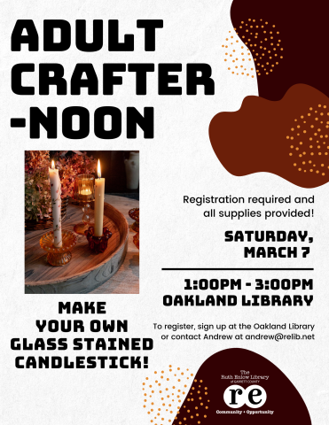 Adult Crafternoon on Saturday, March 7th at 1 pm at the Main location of the Ruth Enlow Library in Oakland; make a painted pot; with library logo