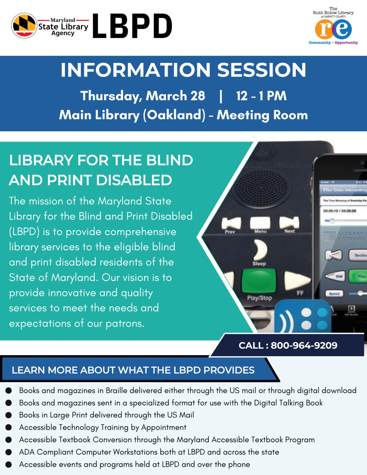 LBPD logo, REL logo, partial photo of the Digital Talking Book Machine