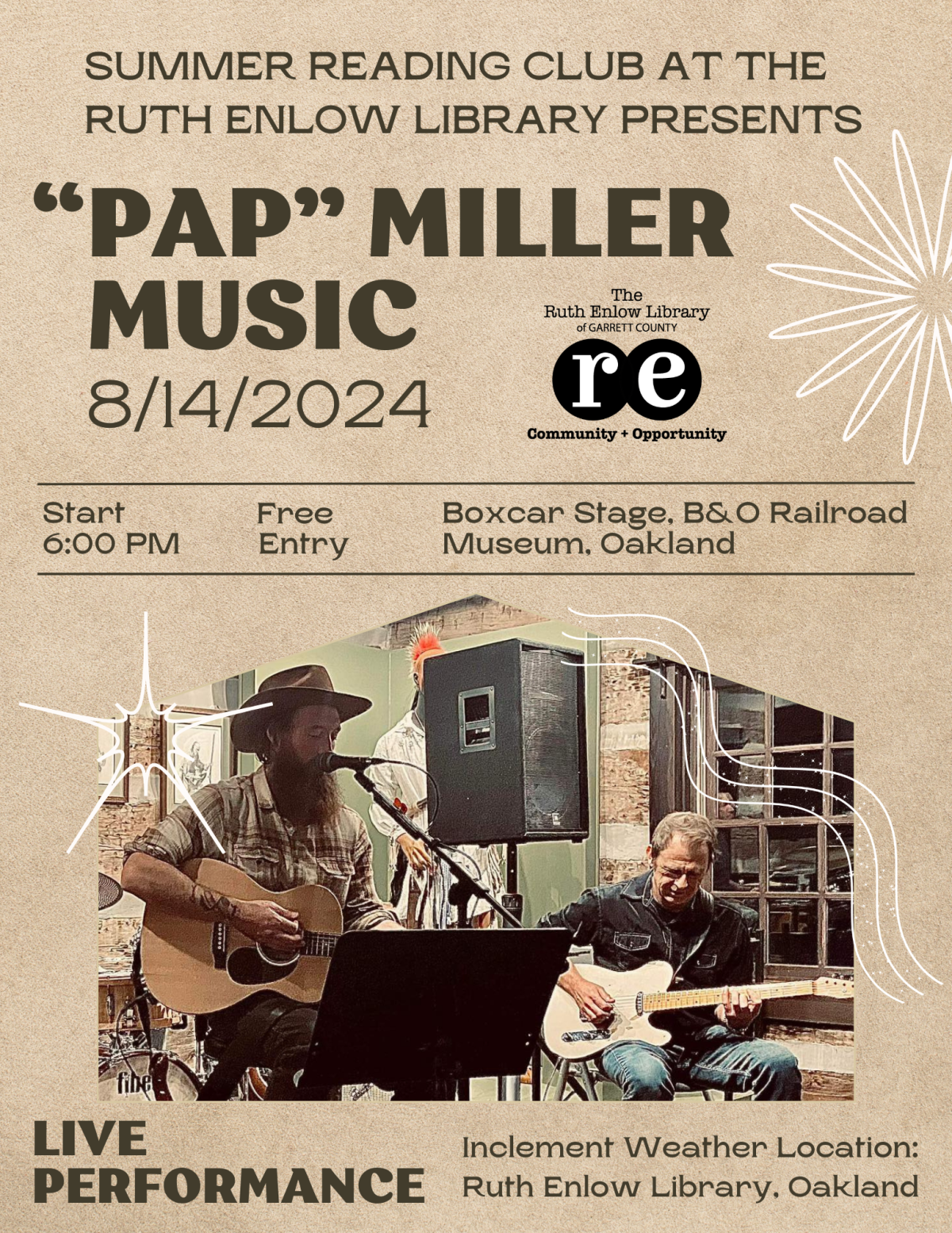 REL logo, photo of Josh Miller and Shane Schoenadel, flyer for "Pap" Miller Music program