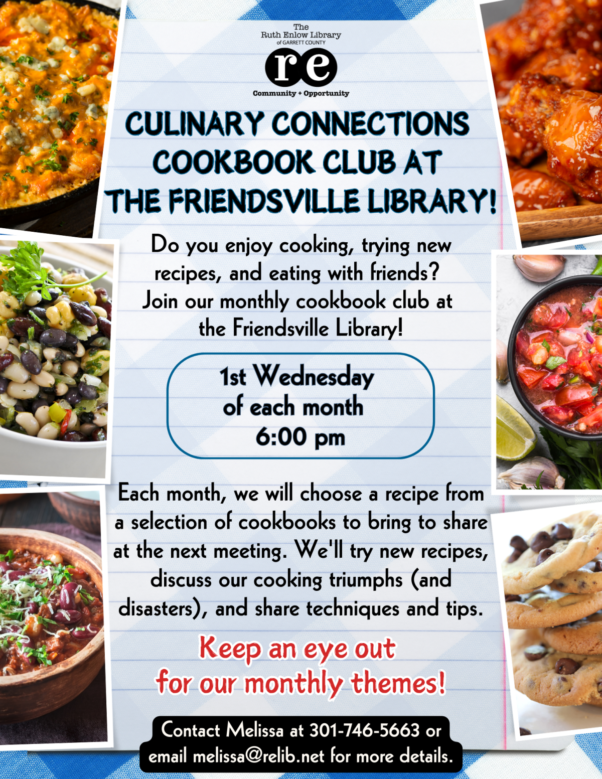 Flyer with food images and details about Cookbook Club at the Friendsville Library