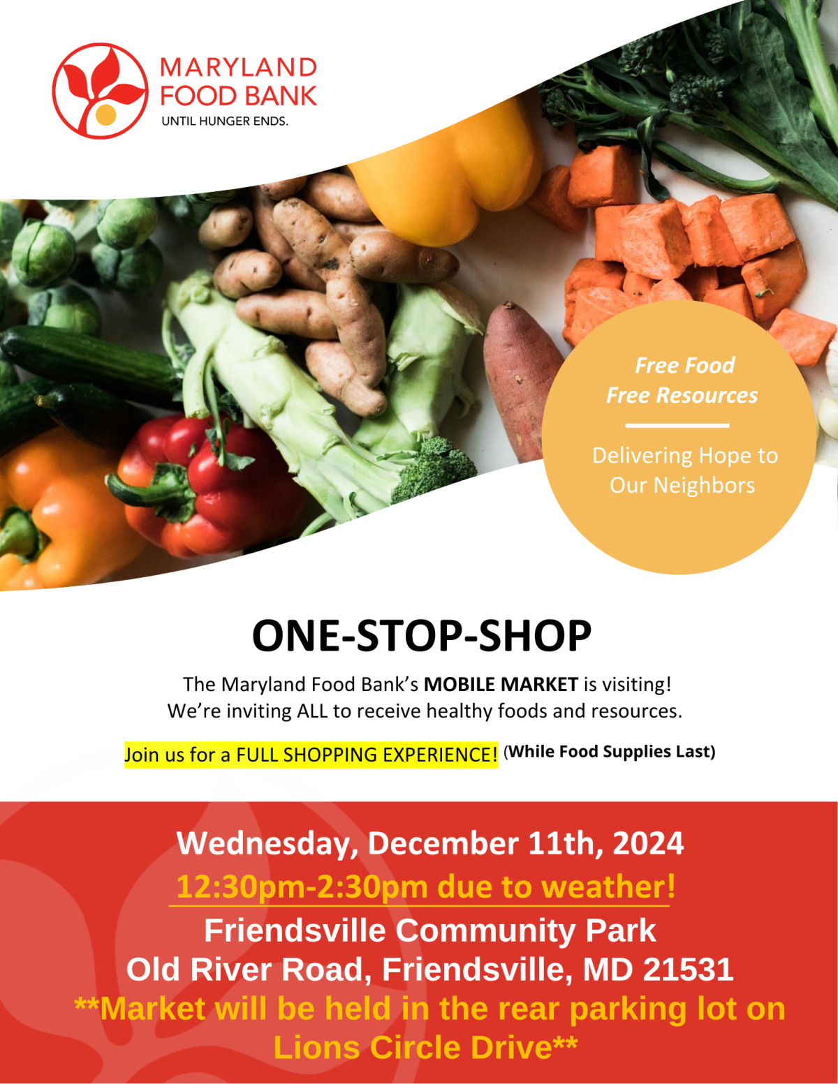 Flyer with photos of vegetables and details about MD Food Bank's Mobile Market event.