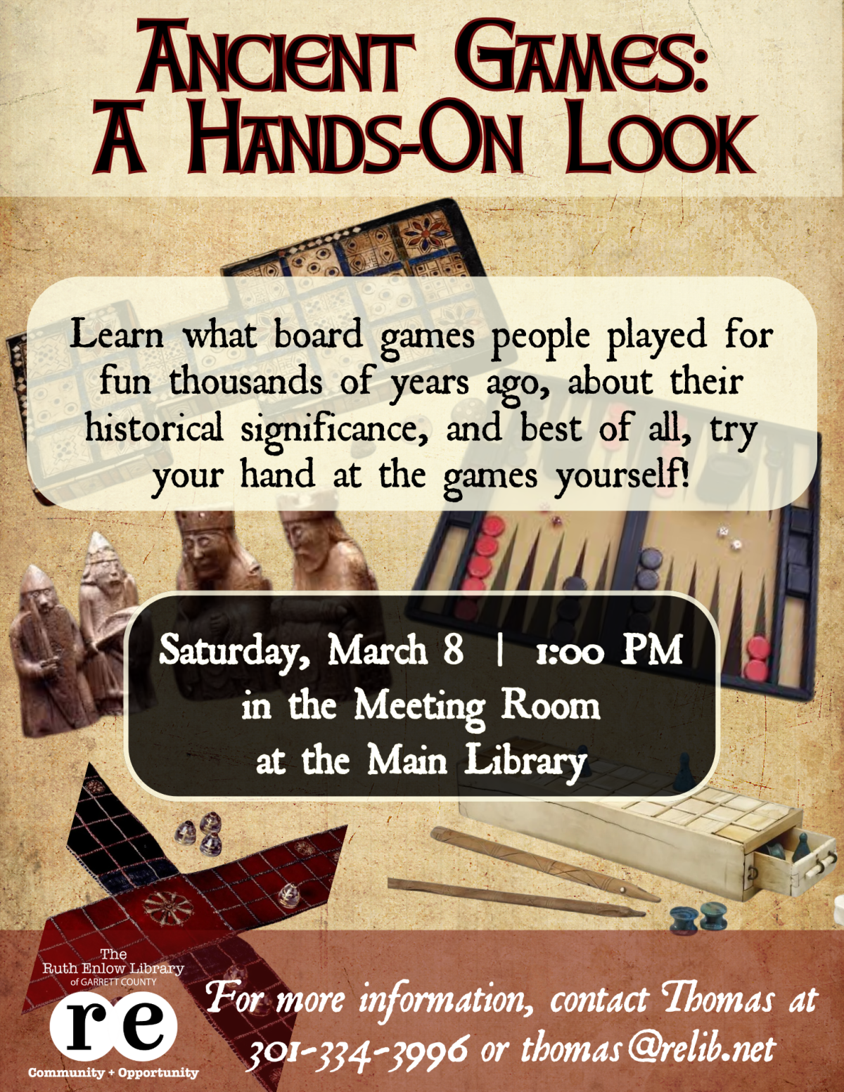 Photos of ancient games, REL logo, Flyer for Ancient Games program