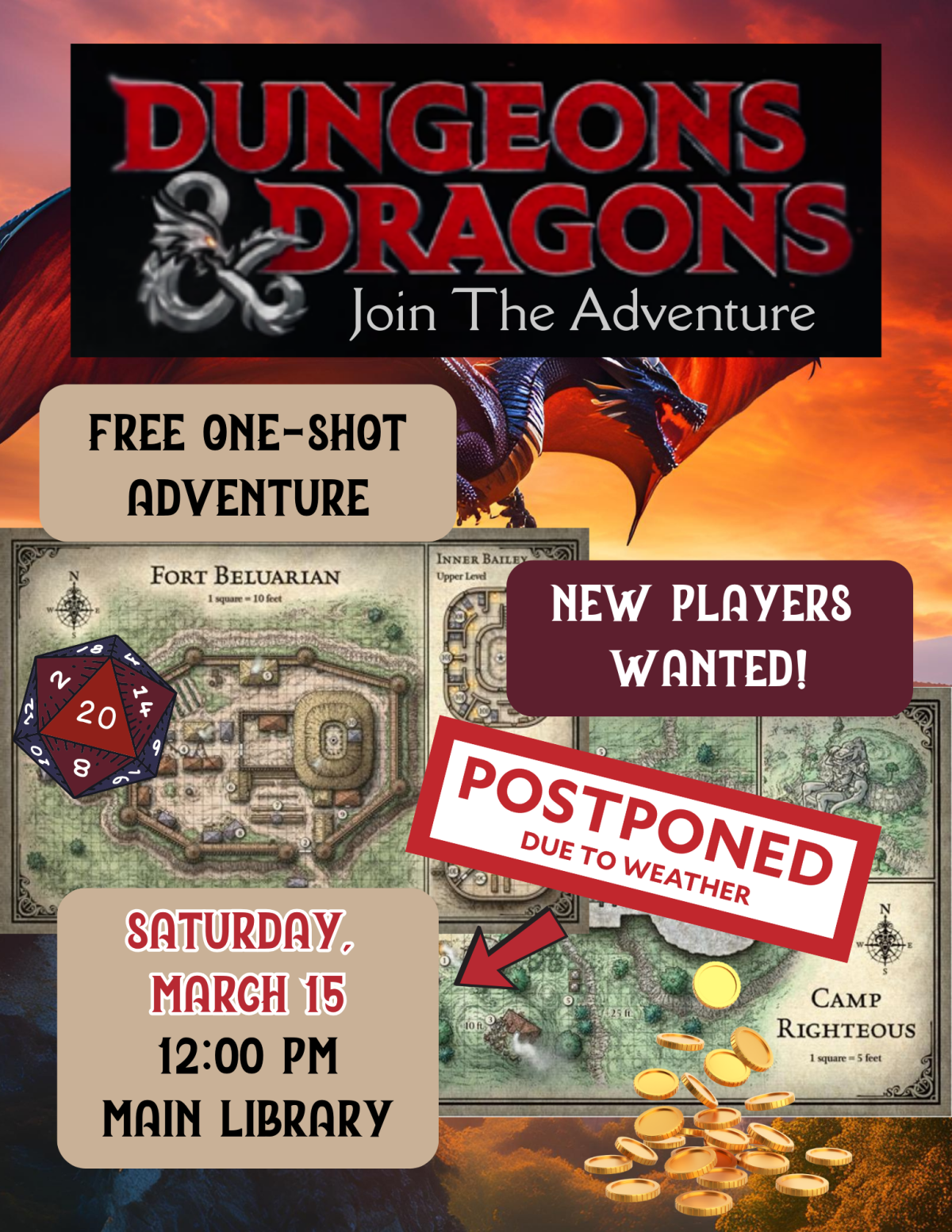 D&D logo, dragon guarding castle, coins, D20 die, D&D campaign maps