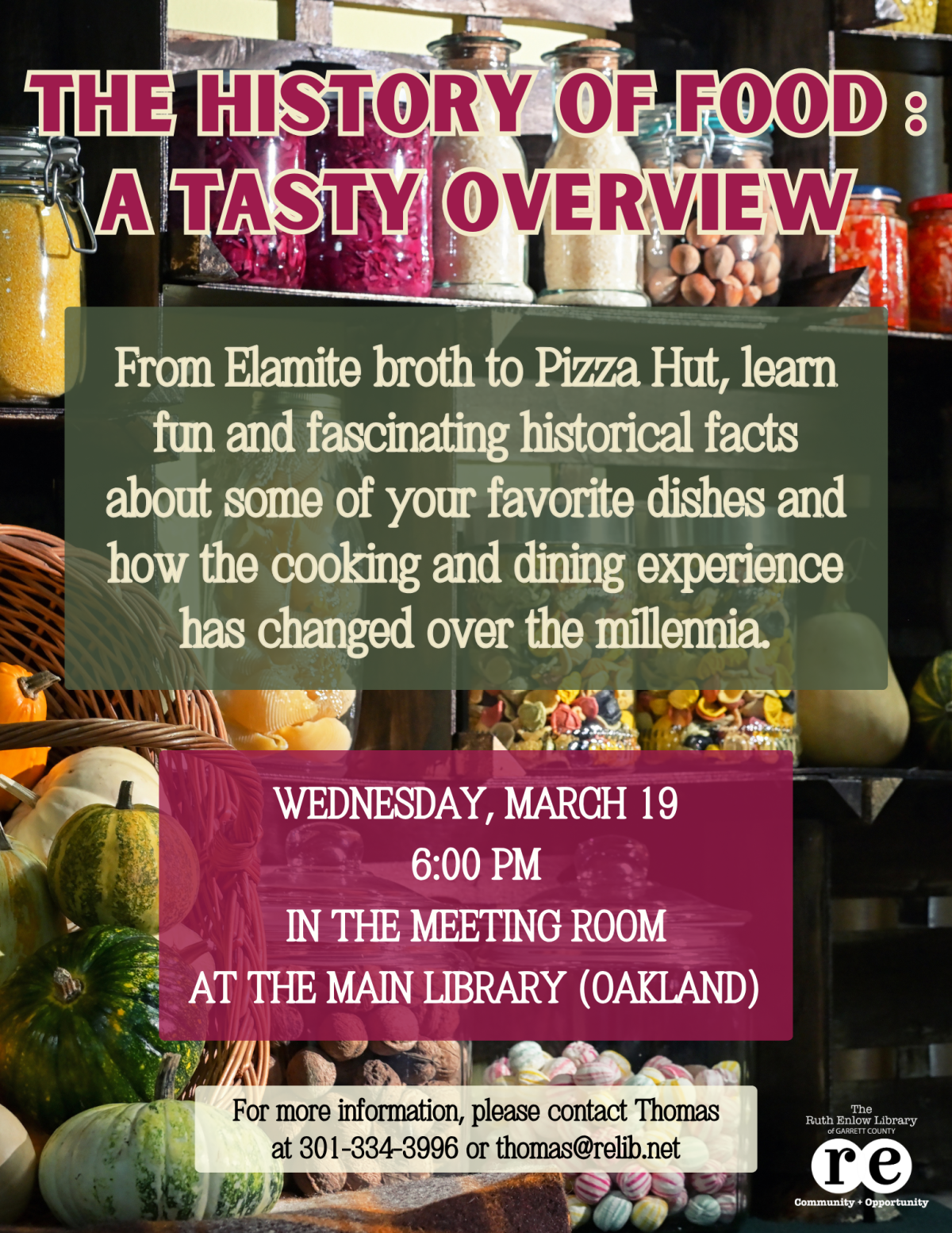 REL logo, pantry in background, Flyer for the History of Food program