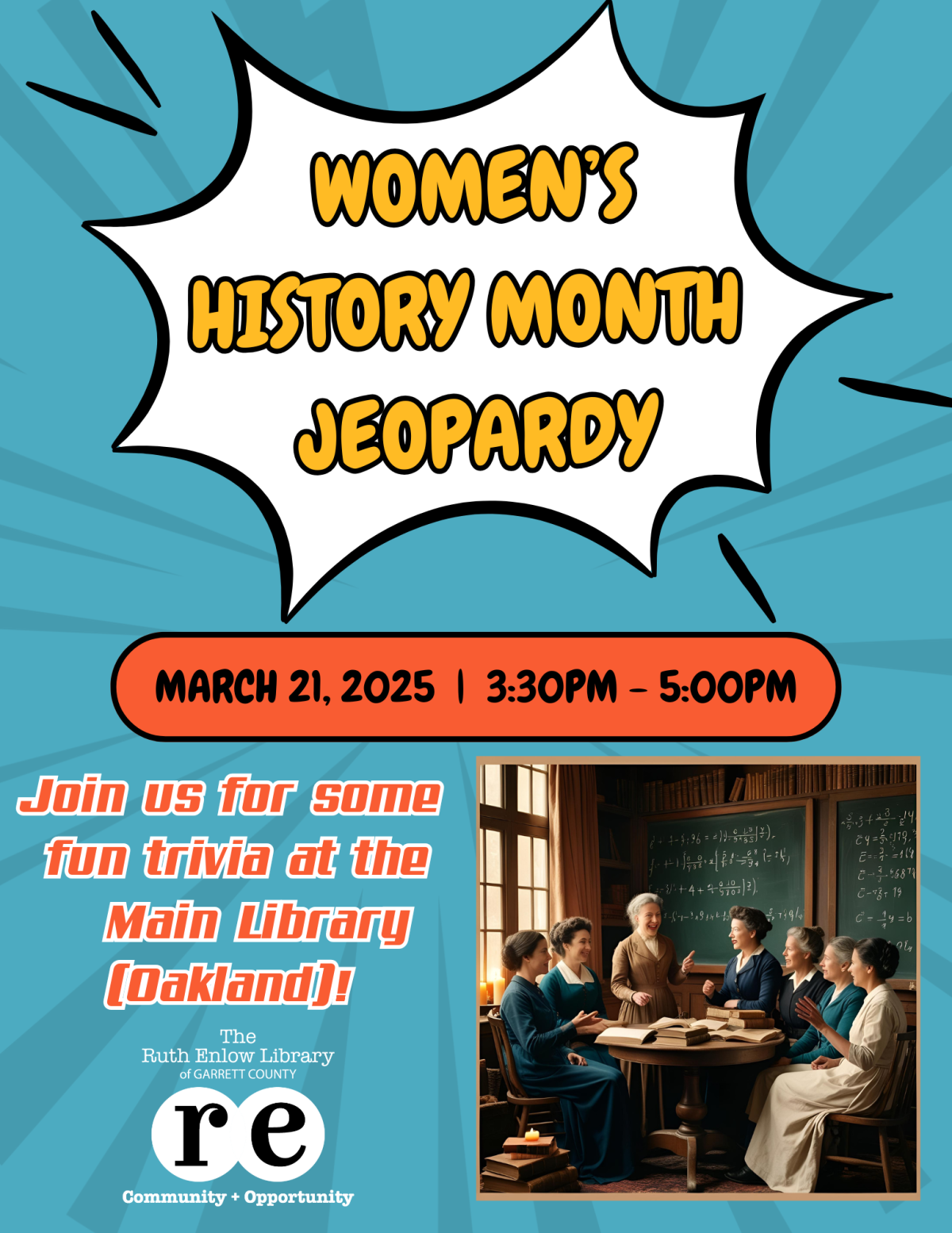 REL logo, photo of women 