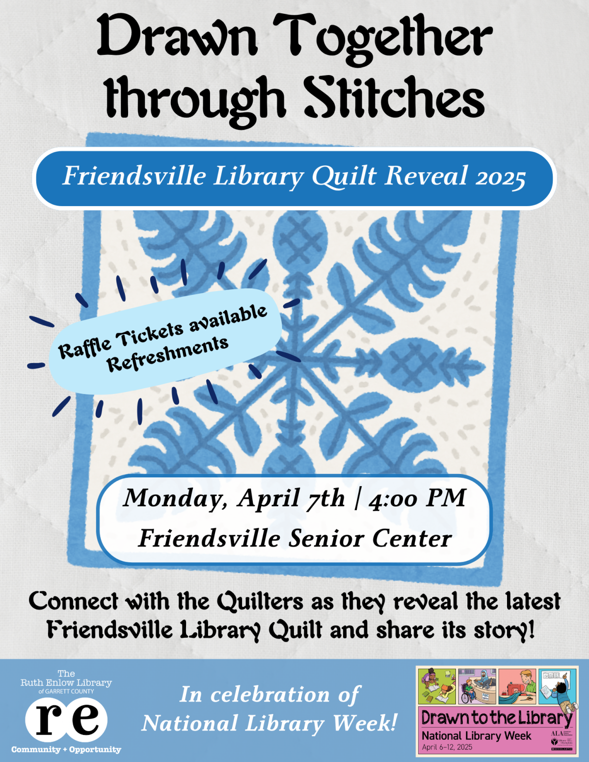 Flyer with quilt square and details about the quilt reveal program.