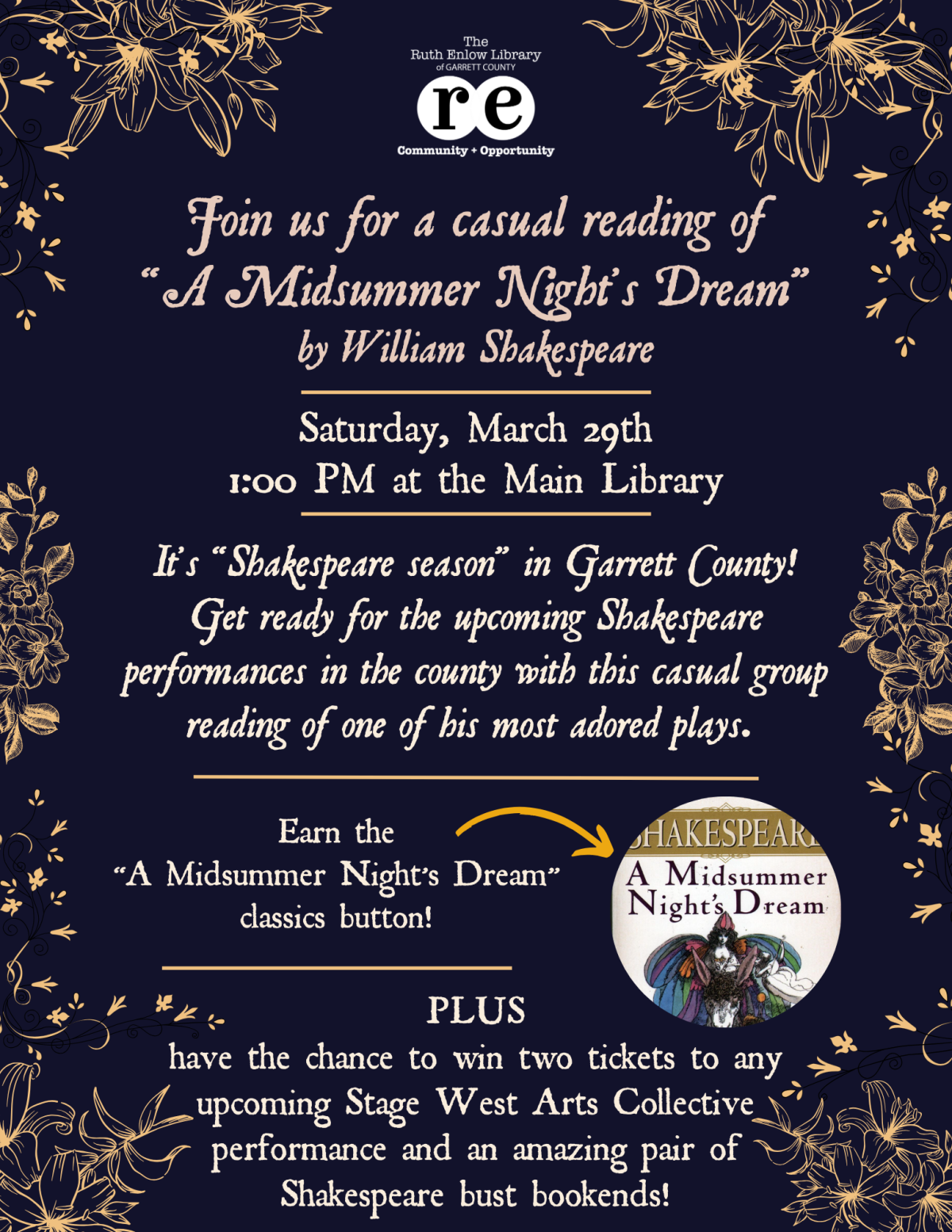 REL logo, A Midsummer Night's Dream classics buttons photo, gold filigree design